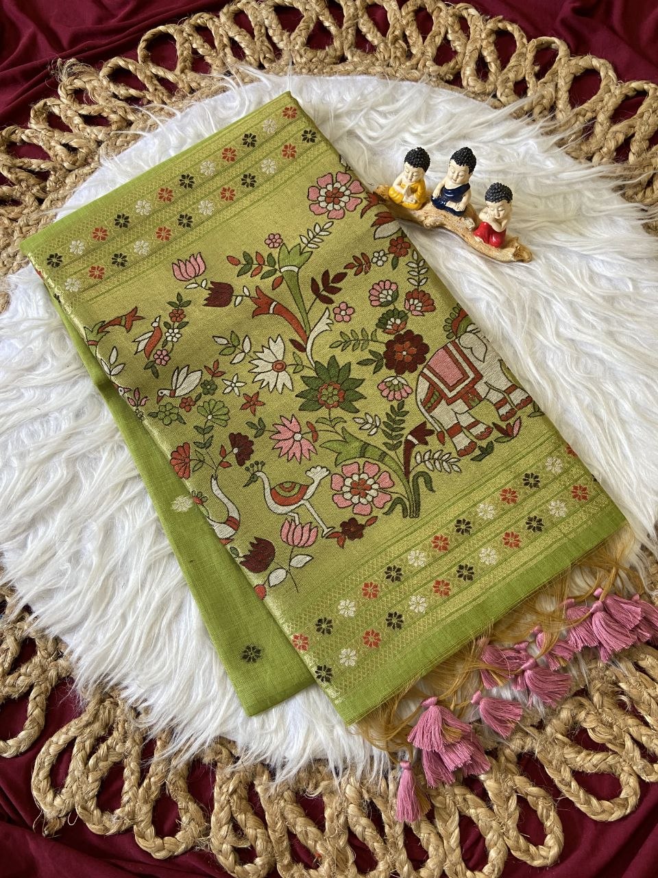 Beautiful Olive Green Soft Muga Cotton Paithani Saree with 3D Woven Elephant Pallu