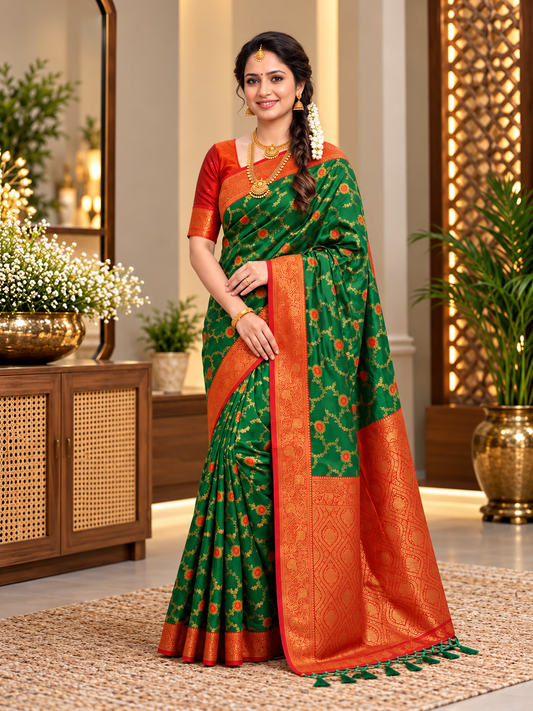 Vihana Emerald Green Royal Paithani Silk Saree with Vibrant Golden Zari Woven