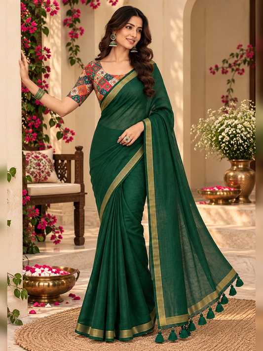Emerald Forest Green Handloom Cotton Saree