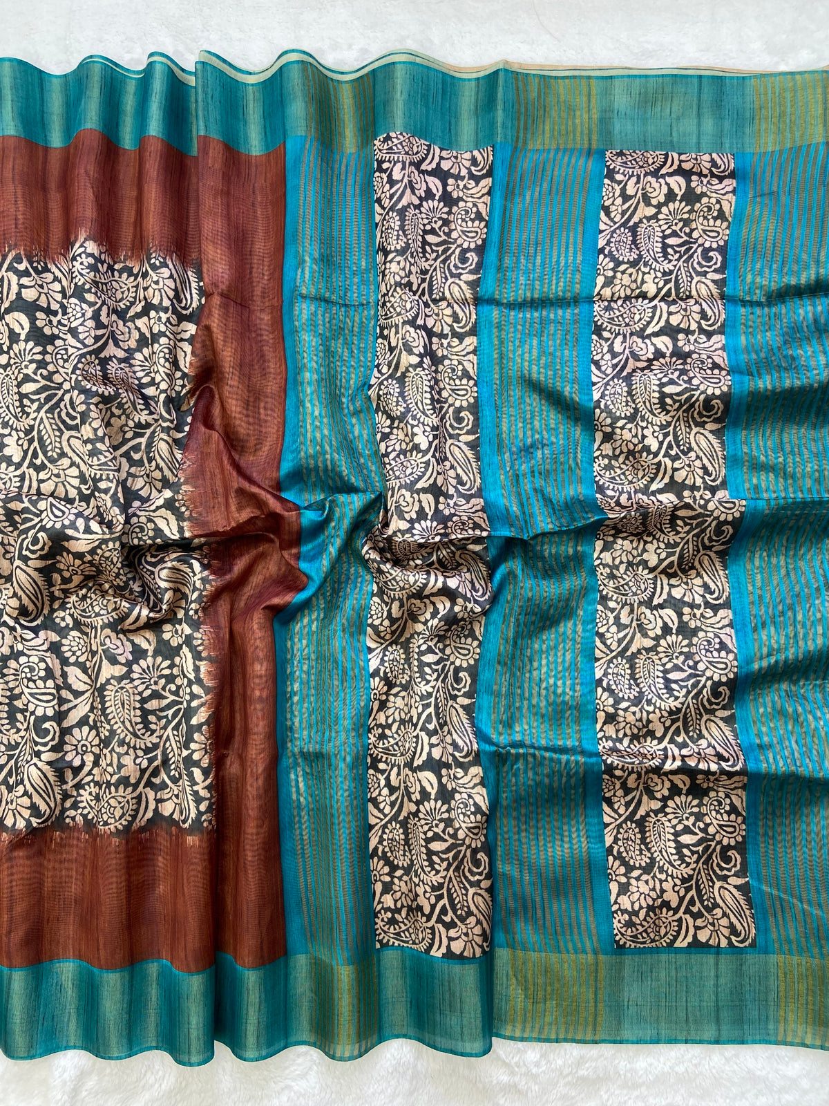 Elegant Tarang Brown Soft Tussar Silk Saree with Kalamkari Block Prints
