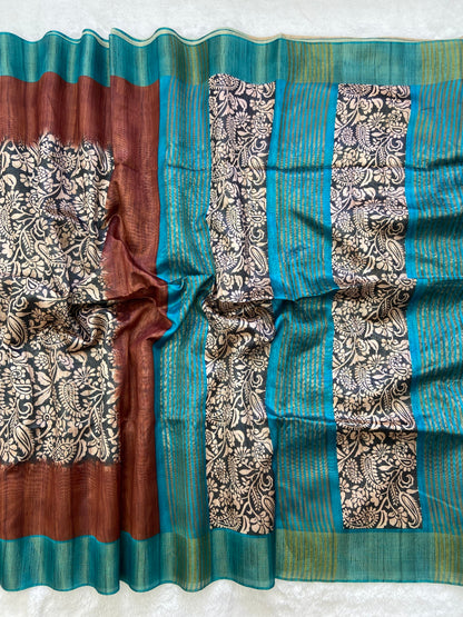 Elegant Tarang Brown Soft Tussar Silk Saree with Kalamkari Block Prints