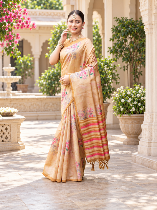 Heritage Gold Soft Tussar Silk Saree with Elegant Floral Print Work