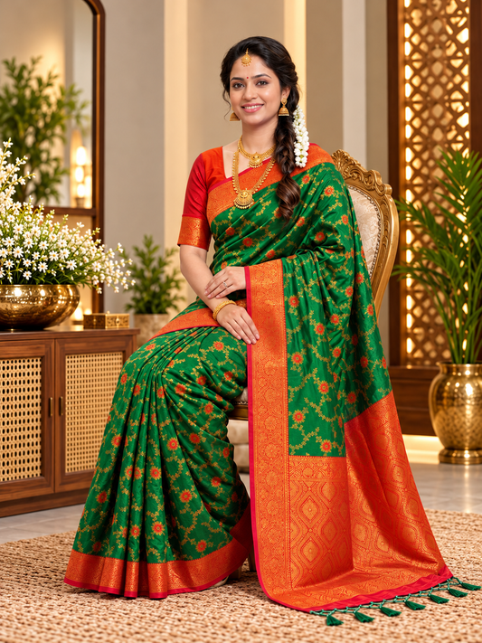 Vihana Emerald Green Royal Paithani Silk Saree with Vibrant Golden Zari Woven