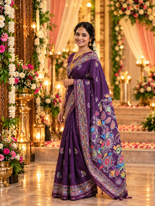 Deep Violet Soft Tussar Silk Saree with Madhubani Style Pallu
