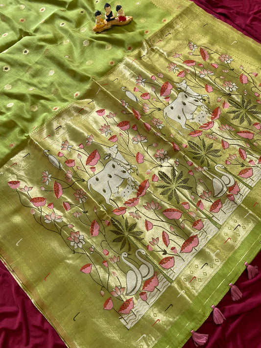 Elegant Olive Green 3D Woven Soft Muga Cotton Paithani Saree