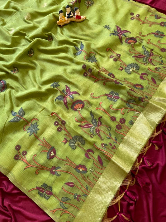 Dharma - Parrot Green Resham Woven Soft Muga Cotton Saree