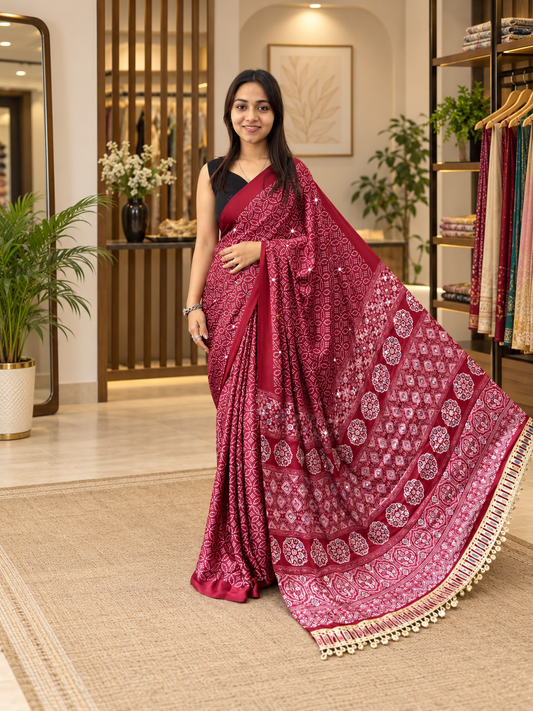 Classic Maroon Premium Gajji Silk Saree with Exquisite Mirror Work & Tassels