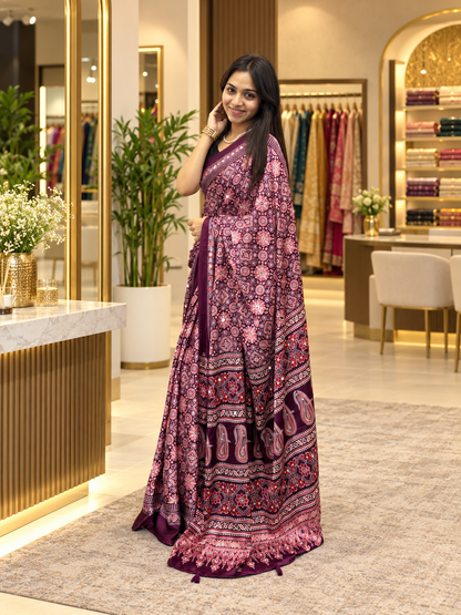 Aarohi Plum Ajrakh Printed Japan Silk Saree with Elegant Pallu