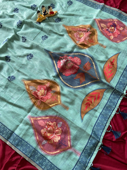 Avira Aqua Bloom Soft Muga Cotton Weaving Saree