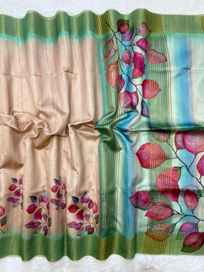 Traditional Sea Green Floral Soft Tussar Silk Saree