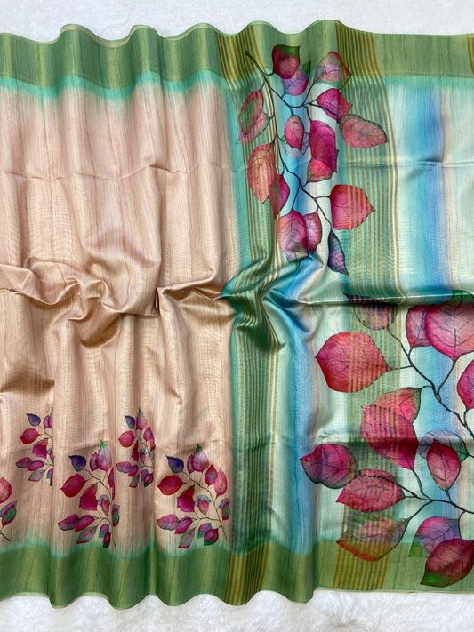 Traditional Sea Green Floral Soft Tussar Silk Saree