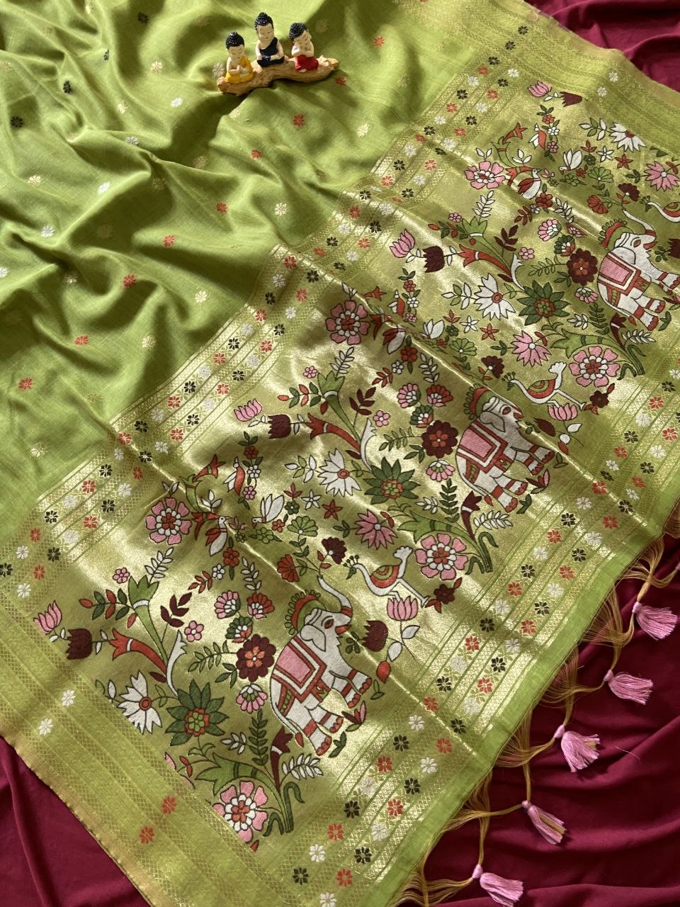 Beautiful Olive Green Soft Muga Cotton Paithani Saree with 3D Woven Elephant Pallu