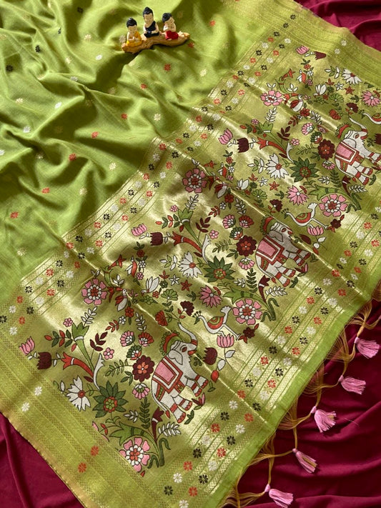 Beautiful Olive Green Soft Muga Cotton Paithani Saree with 3D Woven Elephant Pallu