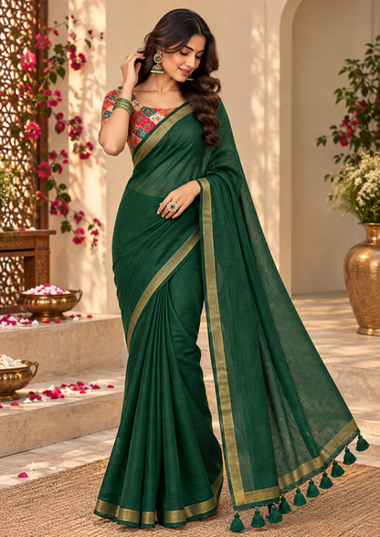 Emerald Forest Green Handloom Cotton Saree