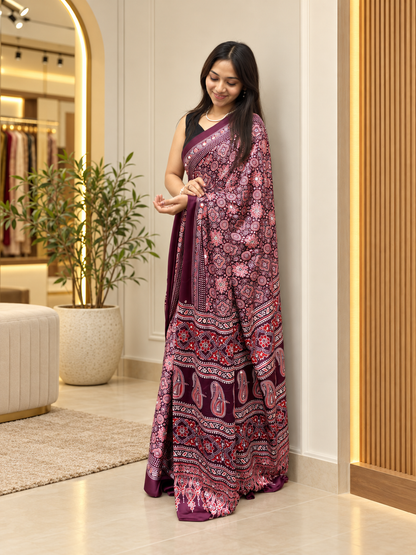 Aarohi Plum Ajrakh Printed Japan Silk Saree with Elegant Pallu