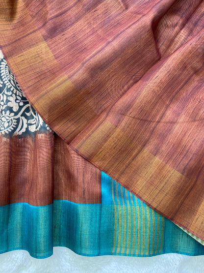Elegant Tarang Brown Soft Tussar Silk Saree with Kalamkari Block Prints