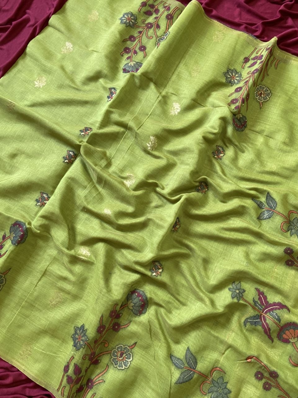 Dharma - Parrot Green Resham Woven Soft Muga Cotton Saree
