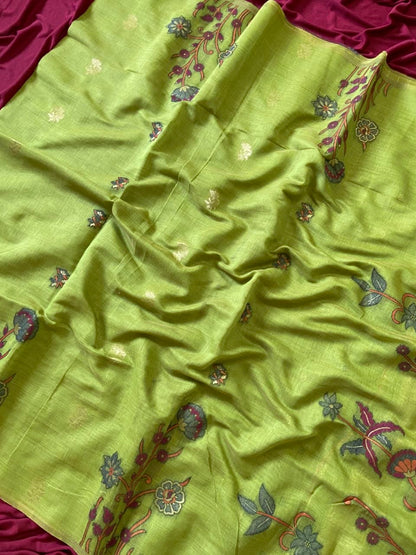 Dharma - Parrot Green Resham Woven Soft Muga Cotton Saree