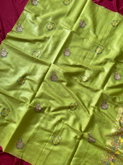 Kiara - Mehendi Green Soft Muga Cotton Paithani Saree