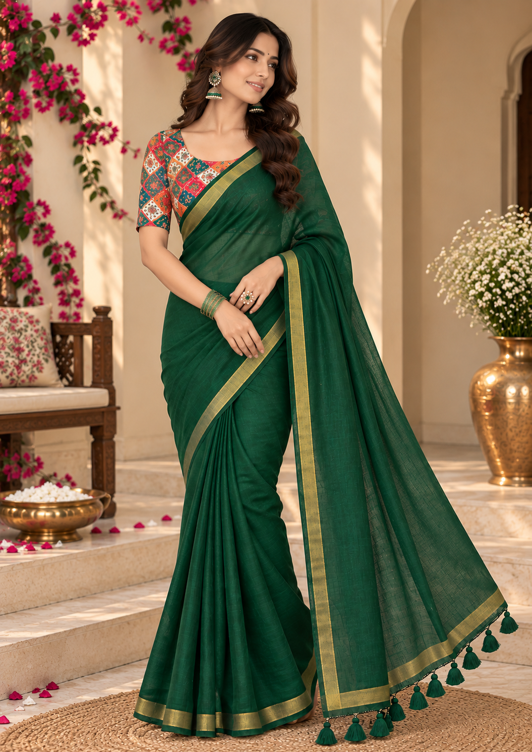 Emerald Forest Green Handloom Cotton Saree
