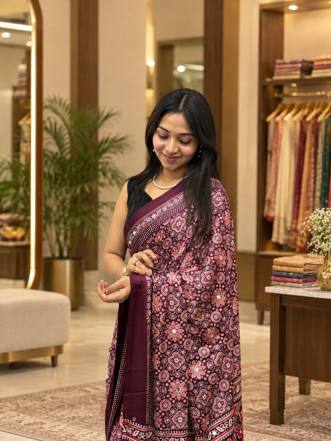 Aarohi Plum Ajrakh Printed Japan Silk Saree with Elegant Pallu