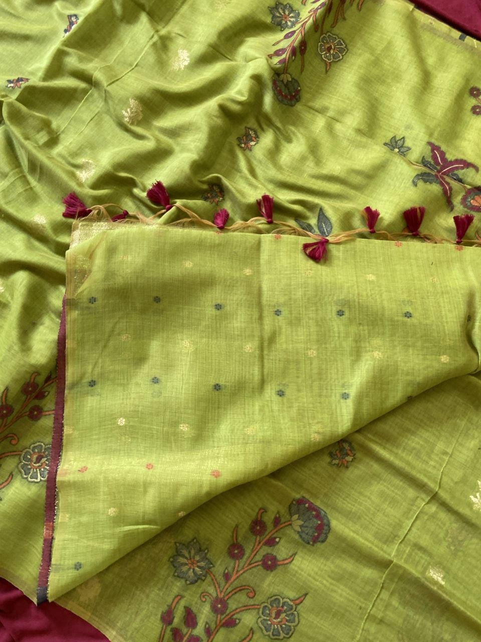 Dharma - Parrot Green Resham Woven Soft Muga Cotton Saree