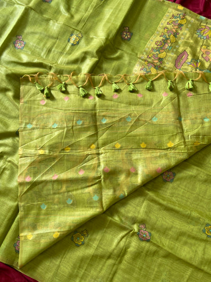 Kiara - Mehendi Green Soft Muga Cotton Paithani Saree