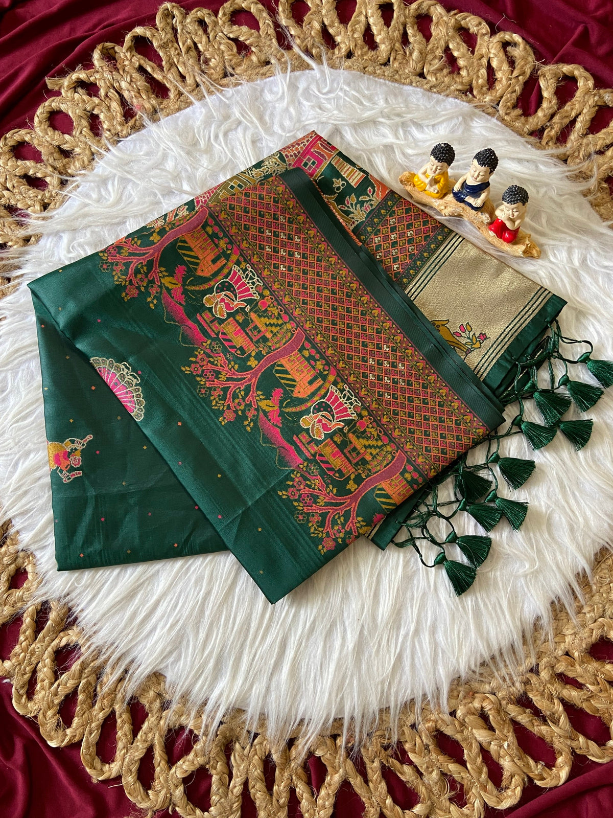 Vrindavan Emerald Green - Premium Woven Zari Soft Pashmina Silk Saree