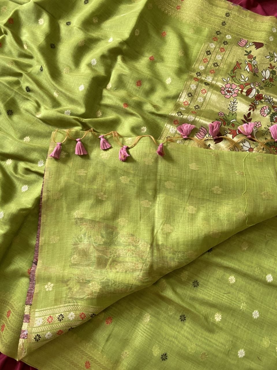 Beautiful Olive Green Soft Muga Cotton Paithani Saree with 3D Woven Elephant Pallu