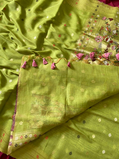 Beautiful Olive Green Soft Muga Cotton Paithani Saree with 3D Woven Elephant Pallu