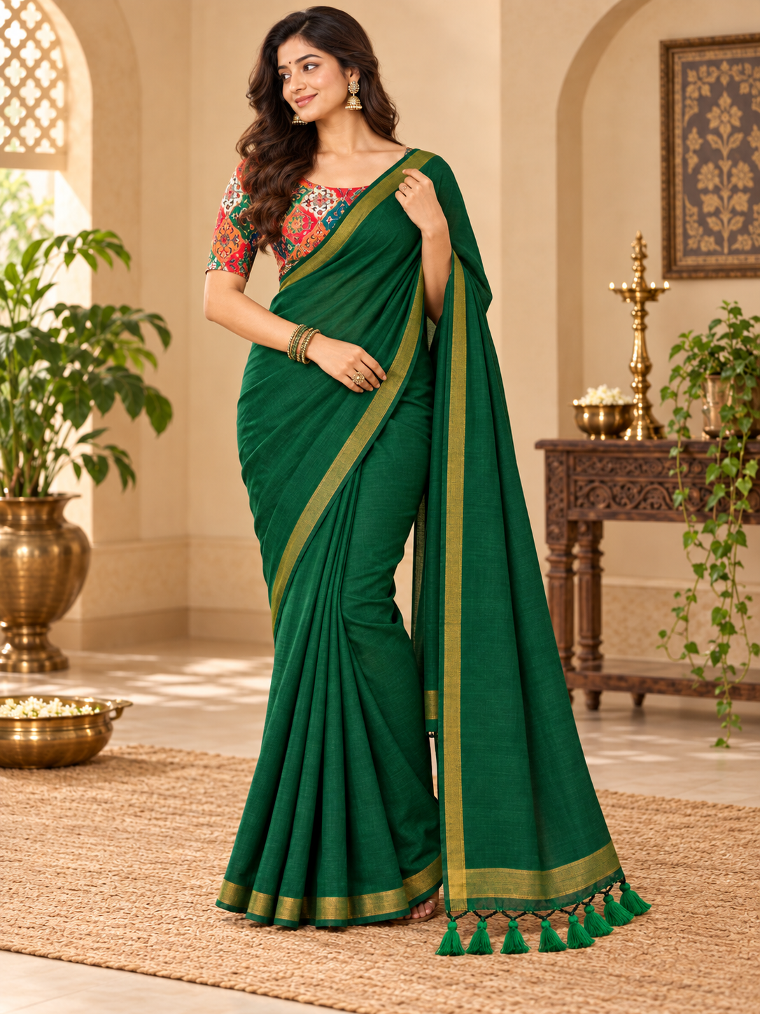 Emerald Forest Green Handloom Cotton Saree