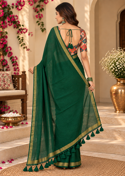 Emerald Forest Green Handloom Cotton Saree