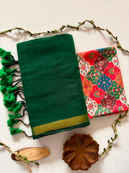 Emerald Forest Green Handloom Cotton Saree