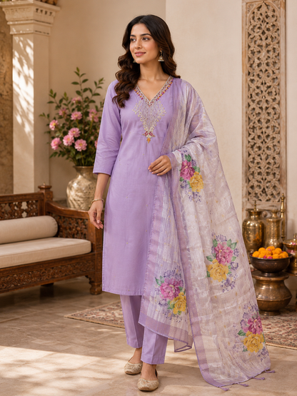 Elegant Lavender Premium Mul Chanderi Hand-Work Suit Set with Floral Dupatta