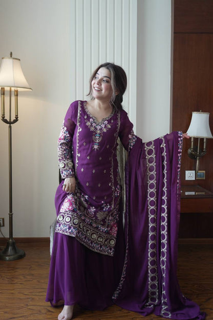 Elegant Wine Fox Georgette Designer Suit Set with Embroidered Dupatta