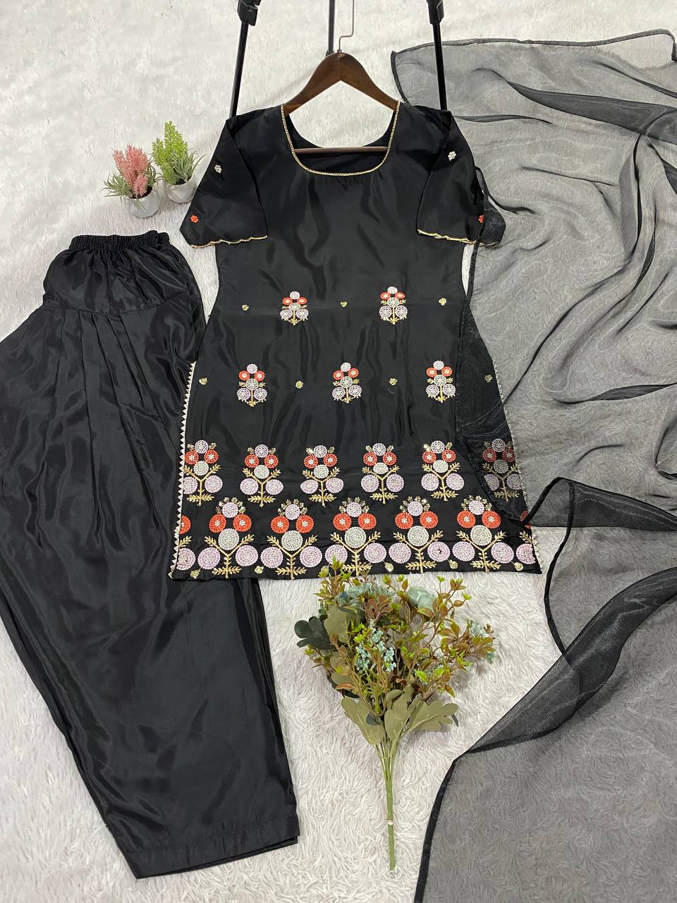 Elegant Black Crape Silk Embroidered Sharara Suit Set with Organza Dupatta