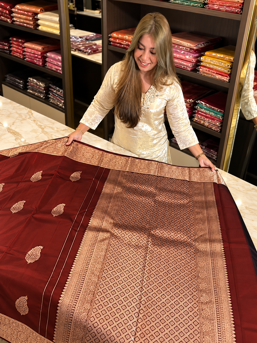 Premium Wine Soft Banarasi Silk Saree with Antique Gold Zari