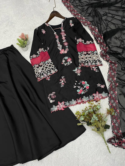 New Designer Black Crape Silk Embroidered Sharara Suit Set with Organza Dupatta