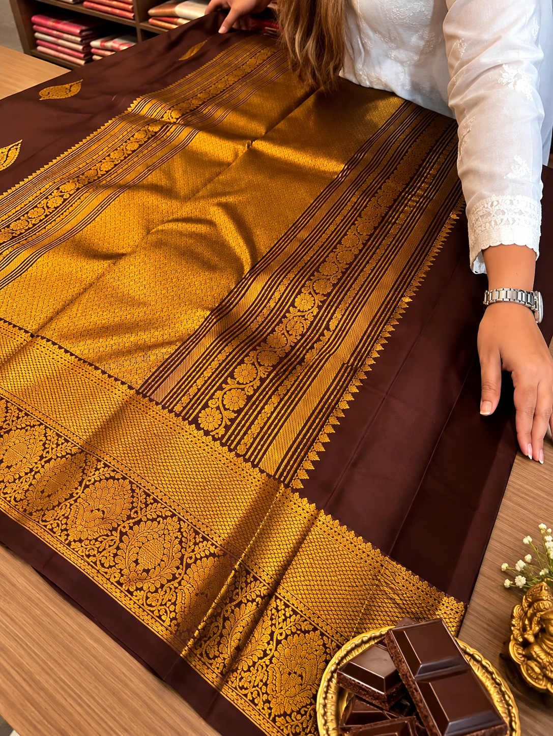 Luxurious Chocolate Brown Soft Silk Saree with Rich Gold Zari Weaving