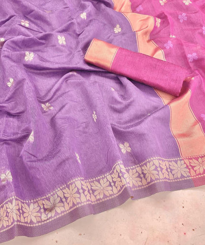 Beautiful Lavender Cotton Silk Saree With Marvellous Blouse Piece