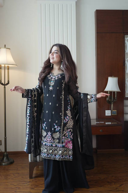 Elegant Black Fox Georgette Designer Suit Set With Embroidery Dupatta