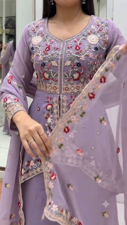 Very Beautiful Lavender Rangoli Silk Embroidered Suit Set