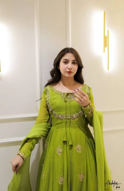 Attractive Parrot Green Georgette Embroidery Anarkali Gown with Dupatta