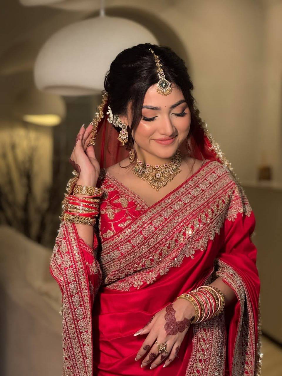 Premium Elegant Red Japan Satin Thread Work Saree