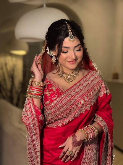 Premium Elegant Red Japan Satin Thread Work Saree