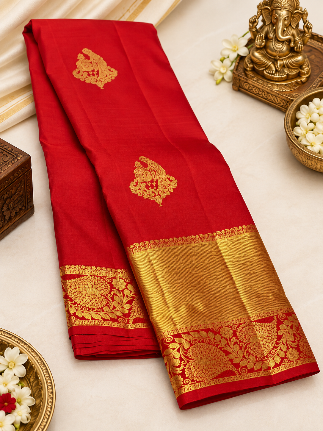 Premium Red Handwoven Pure Silk Saree with Korvai Gold Border