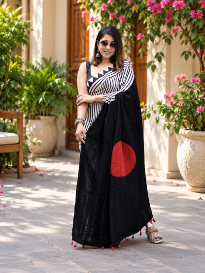 Attractive Black & White Striped Hand Block Printed Modal Silk Saree