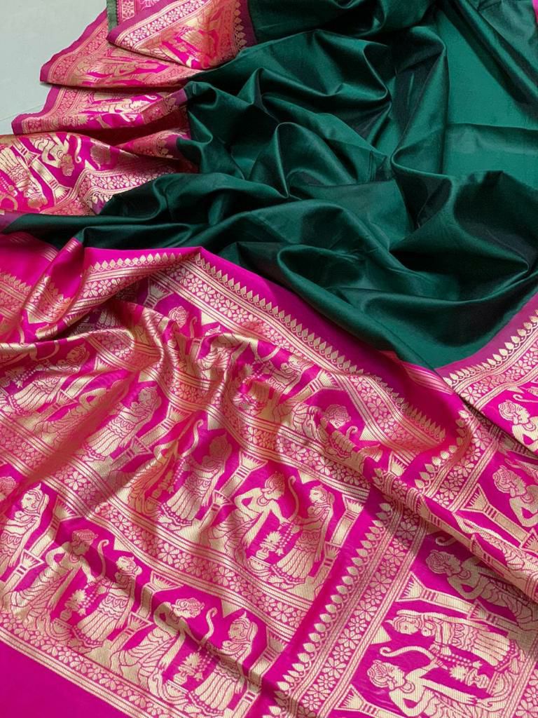 Attractive Green Soft Silk Kanjivaram Style Saree with Beautiful Blouse Piece