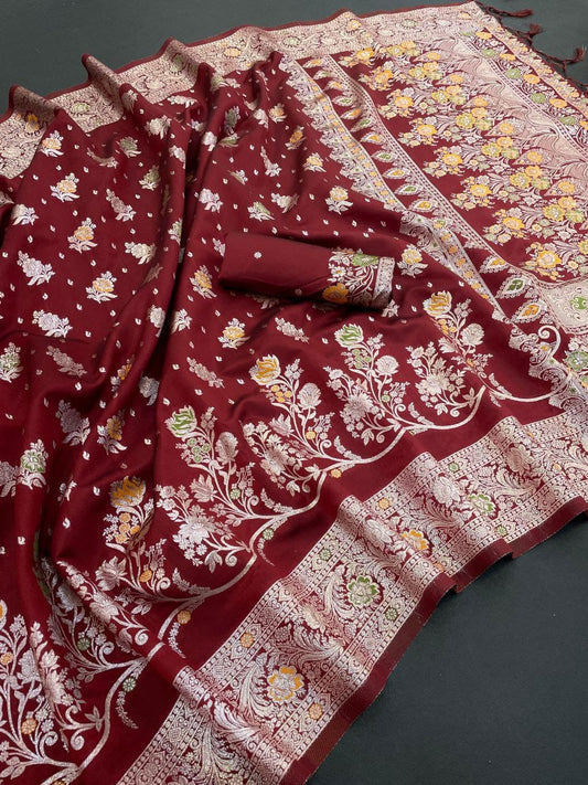 Very Stunning Red Woven Silk Saree with Gold Zari Floral Weave