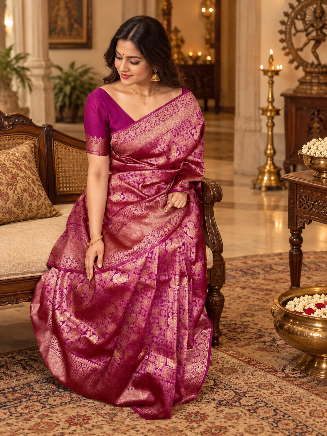 Elegant Magenta Purple Woven Soft Banarasi Silk Saree with Antique Blouse Piece
